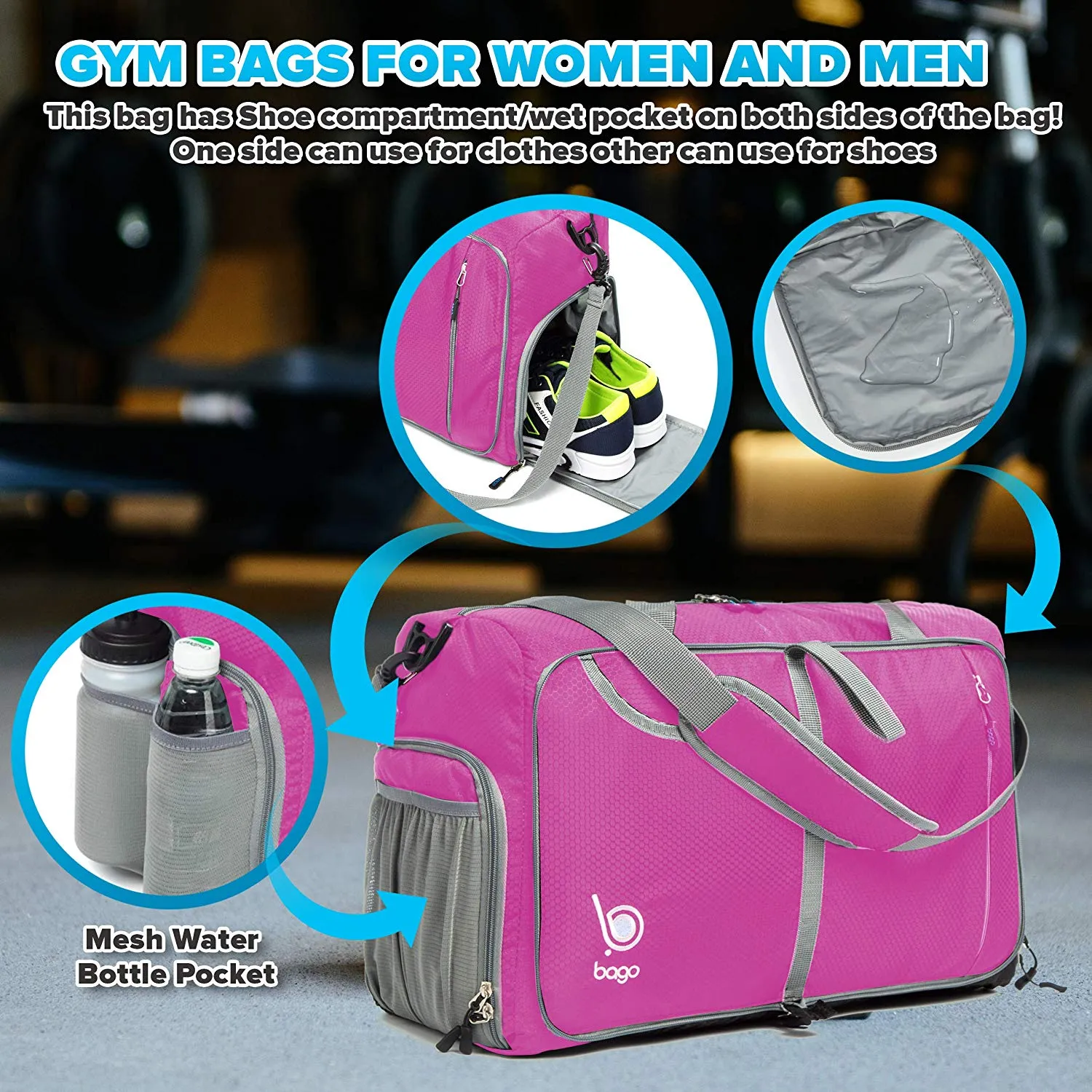 Bago Gym Bags for Women and Men - Packable Sports Duffle Bag for Women with Shoe & Wet Compartment