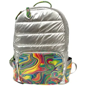 Bari Lynn Neon Rainbow Swirl Silver Puffer Backpack