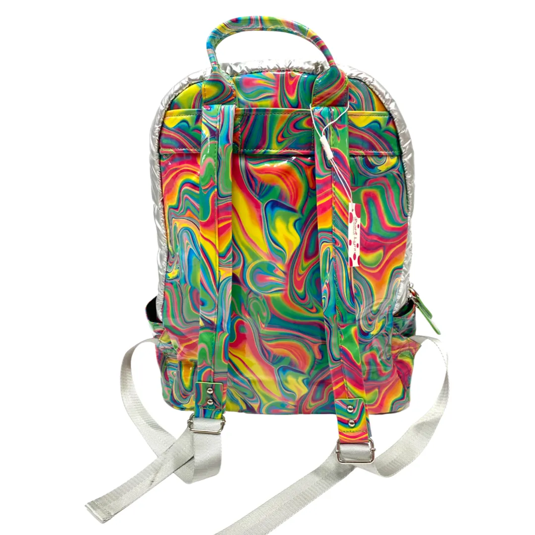 Bari Lynn Neon Rainbow Swirl Silver Puffer Backpack