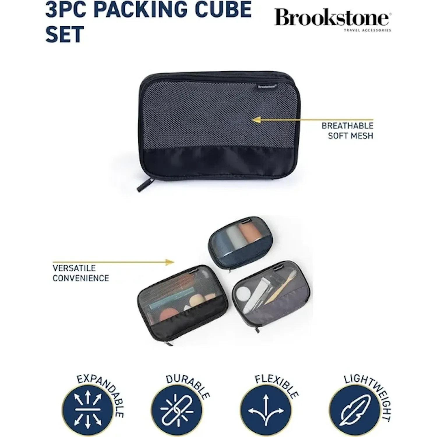 Brookstone Travel Packing Cube Set - 3 Piece Compression Space Saving Luggage Organizer