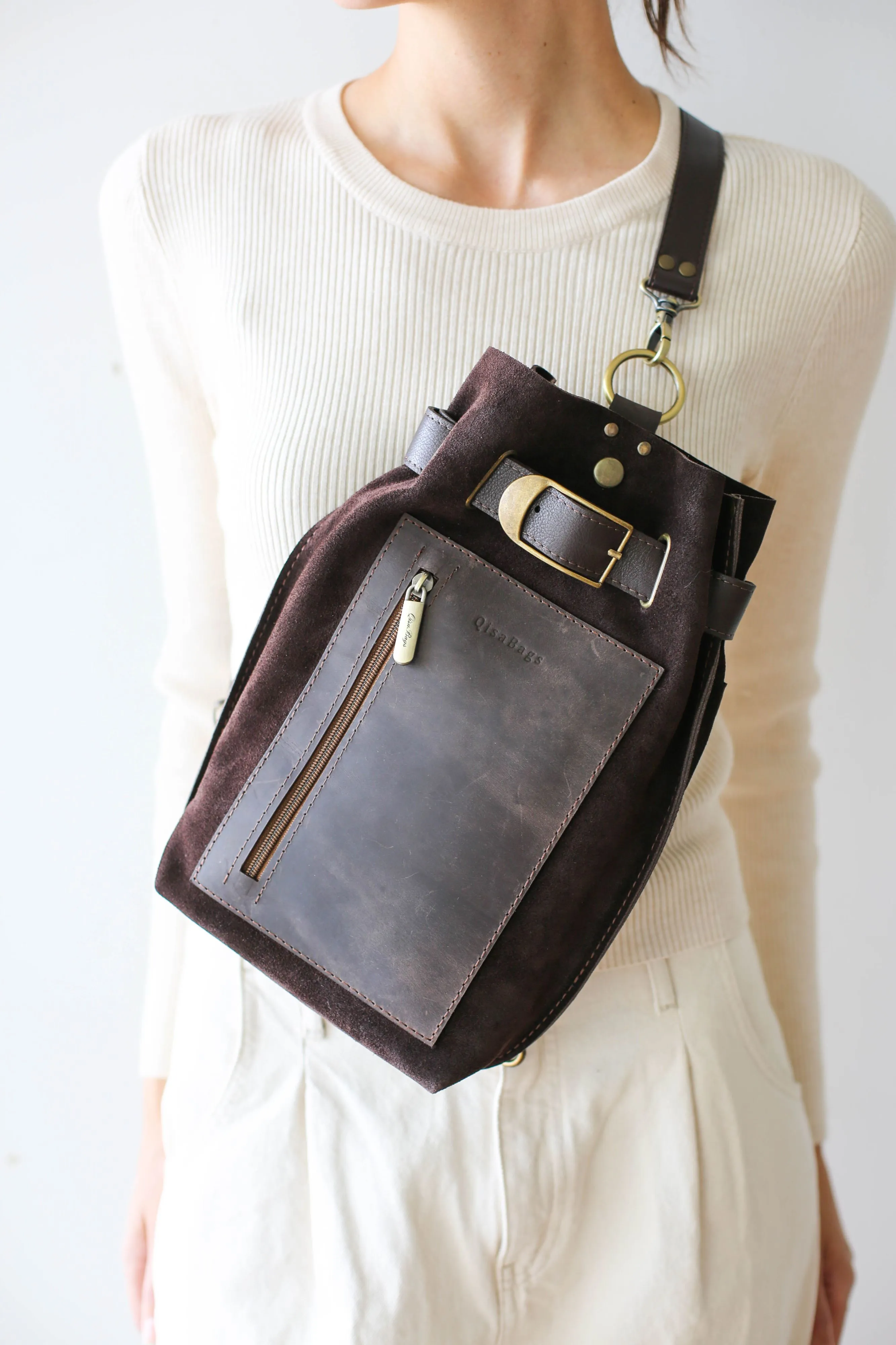 Dark Brown Suede Sling Backpack