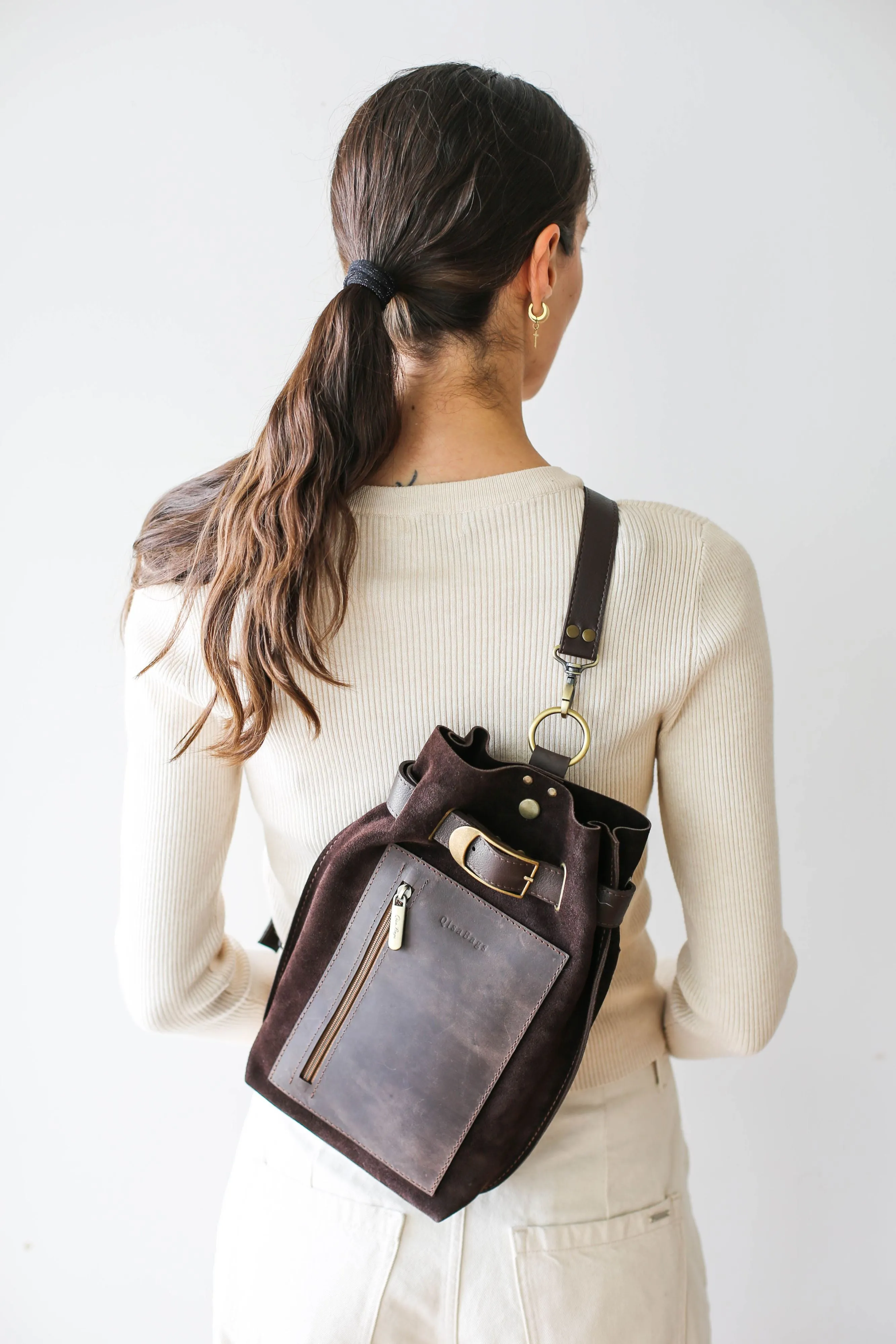 Dark Brown Suede Sling Backpack