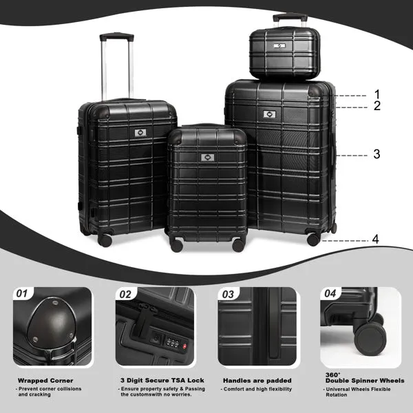 Luggage Sets ABS PC Hardshell 4pcs Luggage Hardside Lightweight Durable Suitcase sets Spinner Wheels Suitcase with TSA Lock (12/20/24/28),black