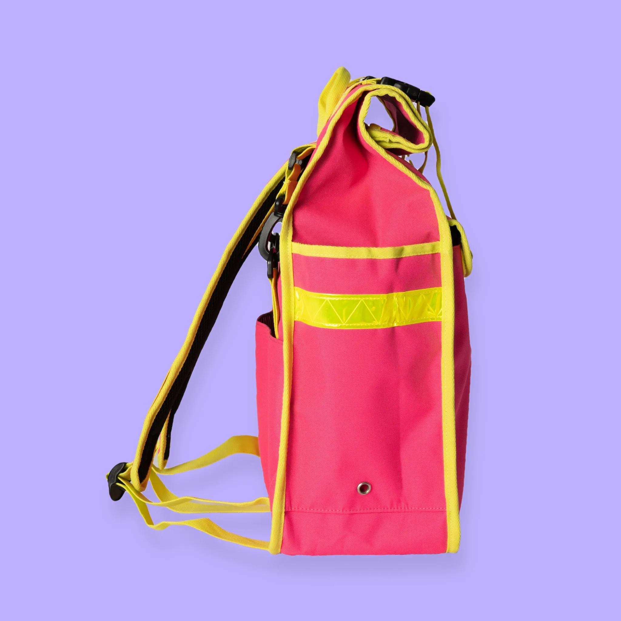 Neon pink rolltop backpack pannier bike bag Rixen kaul hardware hooks