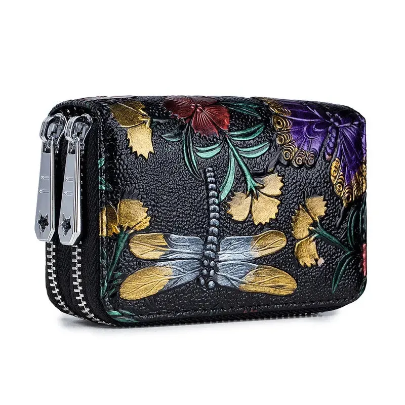 Women's Floral Faux Leather Double Zipper Card Holder and Coin Purse