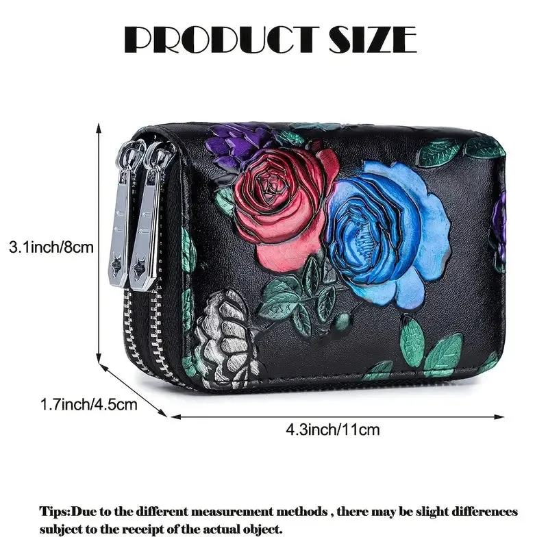 Women's Floral Faux Leather Double Zipper Card Holder and Coin Purse